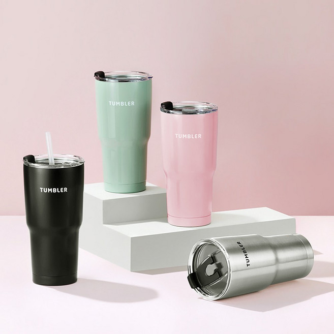 로이첸 결로없는 이중진공 보온 보냉 컬러 스텐 빨대 텀블러 600ml 1+1, 핑크+블랙, 1개