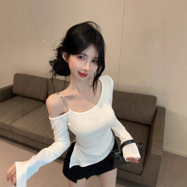 holssi 여성용 오프숄더 긴팔 슬림핏 티셔츠