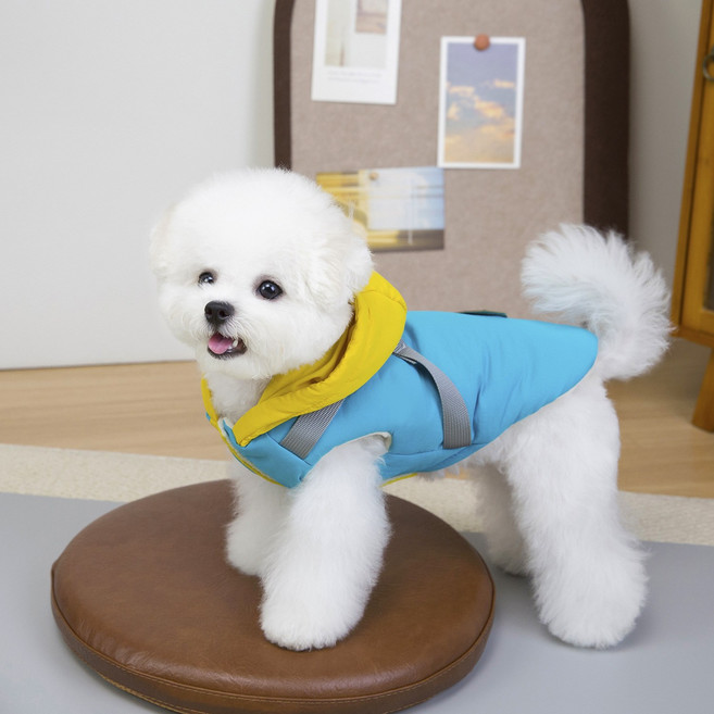 루비바 튼튼한 하네스 겨울 강아지 후드 올인원 패딩 점퍼, 1개, 스카이 블루