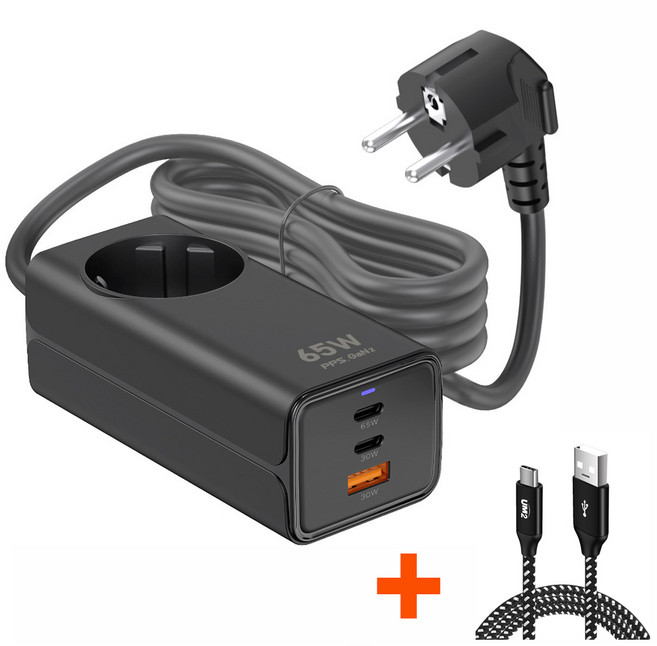 (C타입케이블 증정세트) 4000W 멀티탭 고속충전기 접지코드 65W PPS 스마트폰 아이폰 노트북 아이패드 UMAC-65WPDGAN2, 1개, 블랙+C타입케이블
