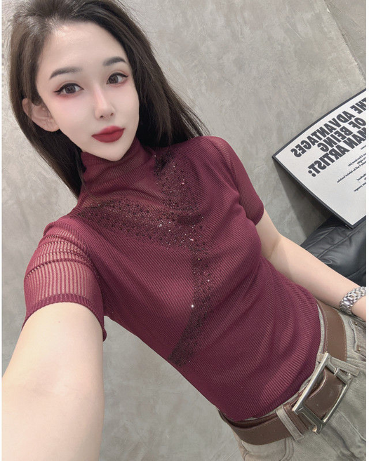 여름 여성 목폴라티 캐주얼 망사 레이스 슬림핏 스판 반팔 반폴라티 이너티 데일리 여자 반목 반팔티 YJW