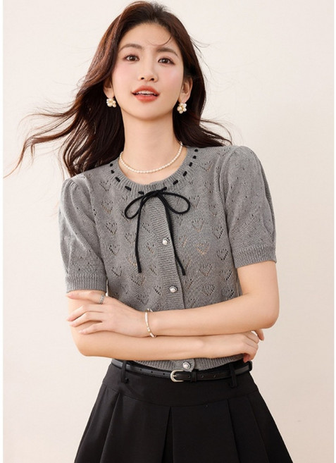 MINA STYLE 여성 하트 펀칭 리본 반팔 니트 가디건 퍼프소매 슬림핏 크롭 여름 가디건