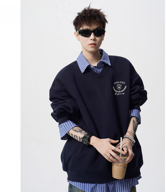 스타일닥터 레이어드 디자인 커플 후드티 남성용 봄 중량감 있는 스트리트 패션 대학풍 긴팔 상의 셔츠 칼라 자켓