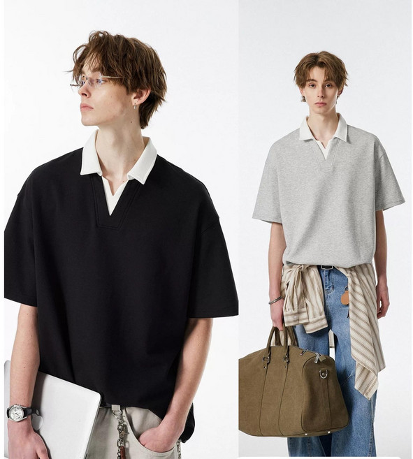 남성 데일리 브이넥 레이어드 코튼 반팔 티셔츠