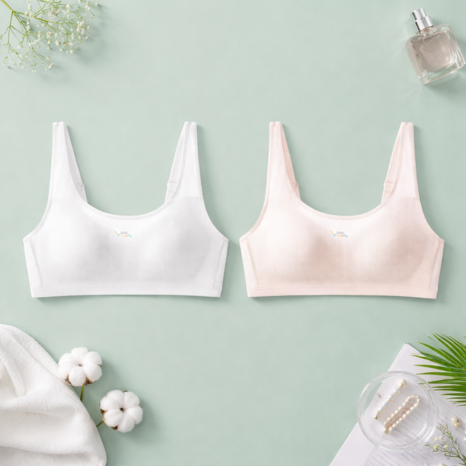 애보 고탄력 프리미엄 메쉬 후크형 3단계 주니어 성장기 브라 2종세트