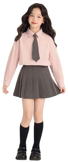 루비키즈 여아 유아 봄 가을 스트라이프 셔츠 주름 치마 넥타이 3종 세트 E141