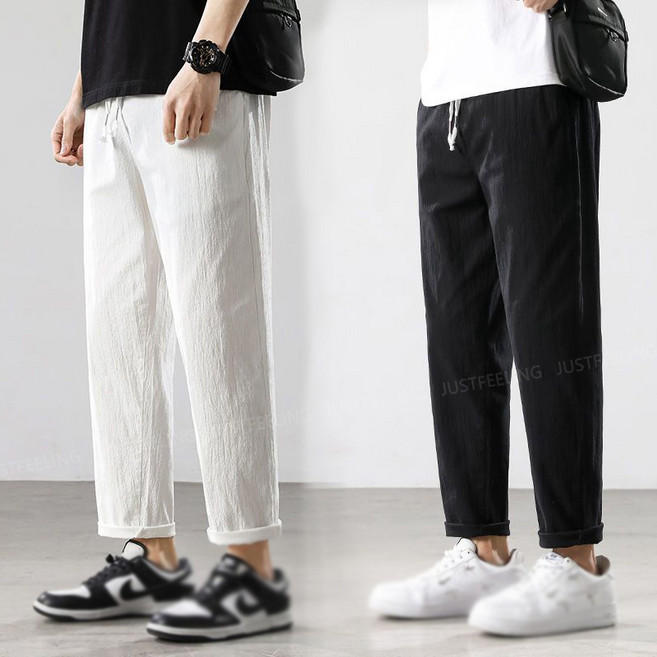 JUSTFEELING 9부 면마바지 남성 시원한 여름용 면 마 통바지 일자핏 데일리 순색 허리밴딩 얇은 린넨 슬랙스 팬츠 빅사이즈 S-4XL