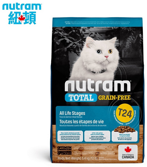 Nutram 紐頓 貓糧 均衡健康系列 成貓熟齡貓 雞肉+鮭魚, 1個, T24無穀鮭魚鱒魚1.13kg