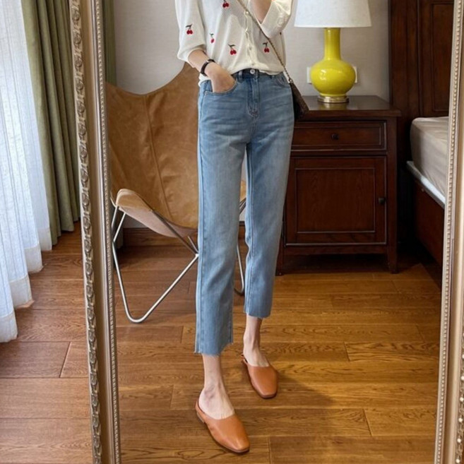 여성용 봄 가을 빅사이즈 하이웨스트 데님 팬츠 슬림 스판 9부 청바지