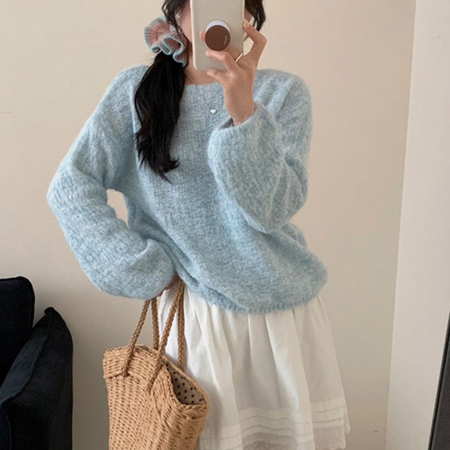 여성용 라운드넥 파스텔 벌룬 니트 루즈핏 스웨터 긴팔 티셔츠