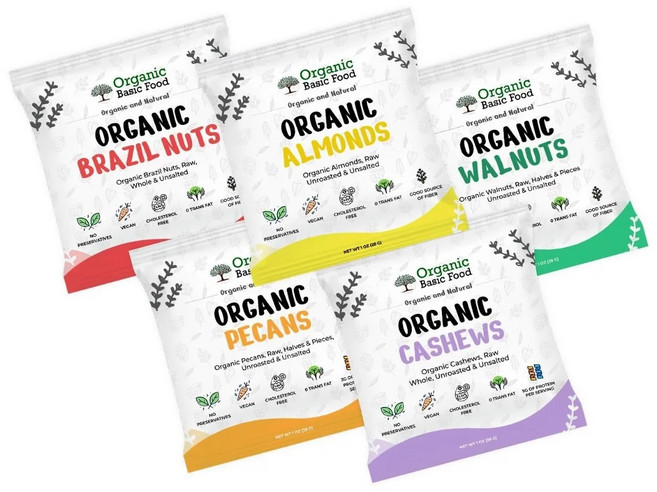 유기농 견과류 5종 트래블팩 세트 1온스 개별포장 5입 휴대용 / 여행용 (아몬드+브라질너트+캐슈넛+피칸+호두), 1개, 140g