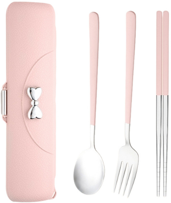 ZOZOFO 스텐 수저 포크 휴대용 무소음 도시락 수저 4p 스푼 젓가락 포크 케이스 업소용숟가락 케이스 한식수저, 1개, 4p[스푼-젓가락-포크-케이스], 핑크