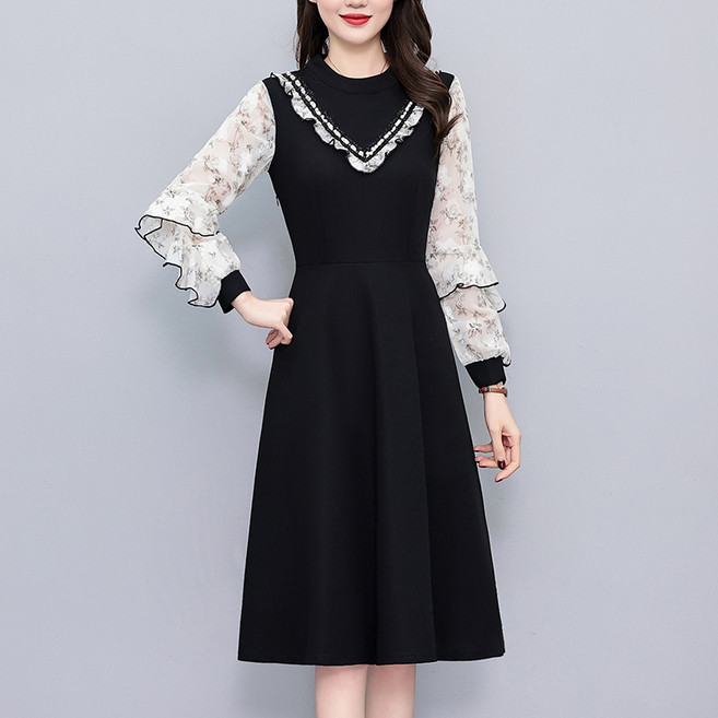 AOKADA 여성 봄 가을 쉬폰 셔링 레이어드 긴팔 하객룩 오피스룩 데일리 미디 원피스