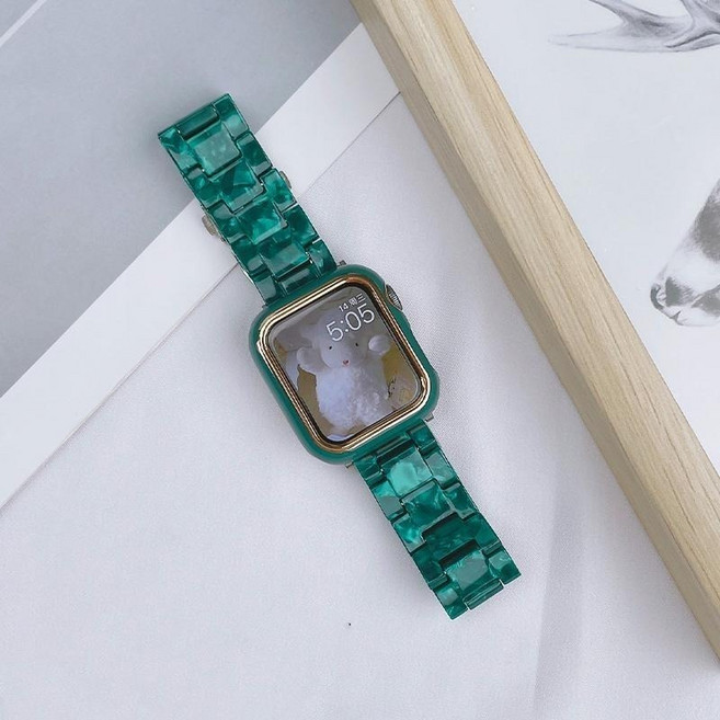 樹脂錶帶 適用 蘋果手錶錶帶, 啞寶綠錶帶+綠間玫瑰金殼,38mm（1/2/3代）, 1個