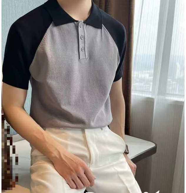 夏季翻領針織Polo衫 男士插肩袖拼色短袖上衣