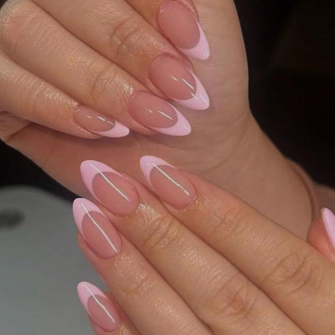 IQXGE Pink French Tip Press on Nails Almond Medium Acrylic Ons Full Cover Glue Fake Nail with Desi