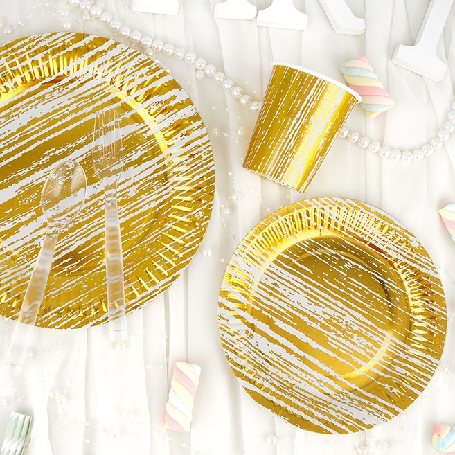 파티접시 23cm 10p + 파티접시 18cm 10p + 파티컵 10p 생일 테이블패키지 10인세트, 메탈릭 빈티지 골드