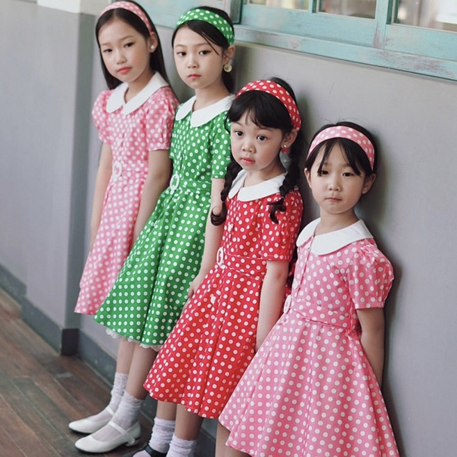 (당일발송) 유아 아동 복고 의상 레트로 땡땡이원피스 반팔 코스튬 여아 할로윈 어린이집 유치원 행사