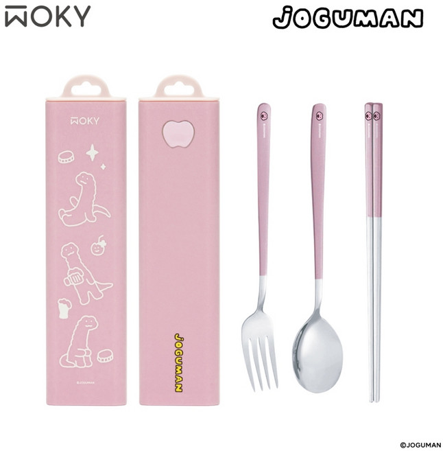 WOKY JOGUMAN 按壓式餐具組 (不鏽鋼筷子叉子湯匙), 1個, 粉繪印記(粉色)