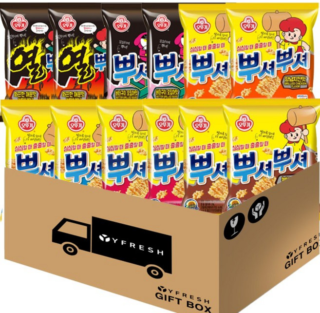 뿌셔뿌셔6종 90g(바베큐맛2 떡볶이맛2 양념치킨맛2 불고기맛2 버터구이 오징어맛2 화끈한매운맛2) + YFRESH박스