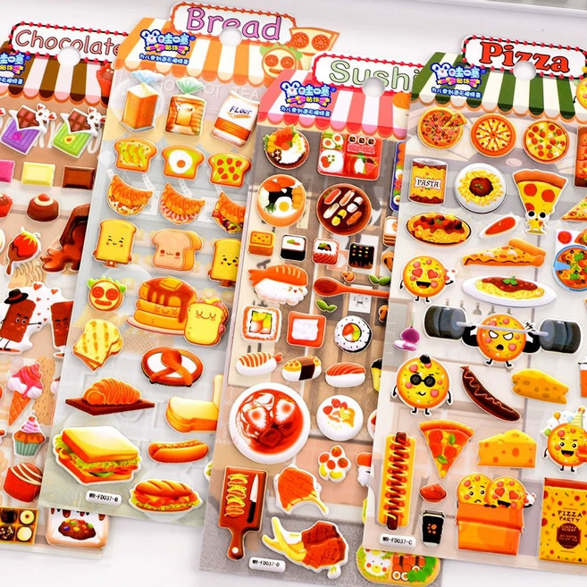 말랑말람 음식 3D 입체스티커 각종 음식 디저트 아이스크림 스펀지스티커 사탕 과자 스티커 입체 햄버거 장난감 다이어리 케이스 꾸미기 도넛 스시 문구, 푸드버거 식빵 입체스펀지스티커【풀세트 4매】