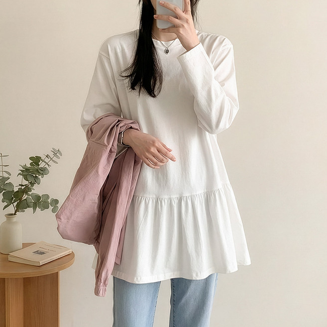 데일리앤 에버 여성 오버핏 프릴 레이어드 셔링 긴팔 티셔츠 무지 이너