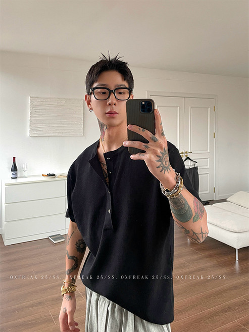 【韓系簡約】亨利領T恤 男士T恤 短袖T恤 休閒T恤 針織T恤 半開襟設計 寬鬆百搭 夏季薄款 透氣舒適 日常通勤穿搭