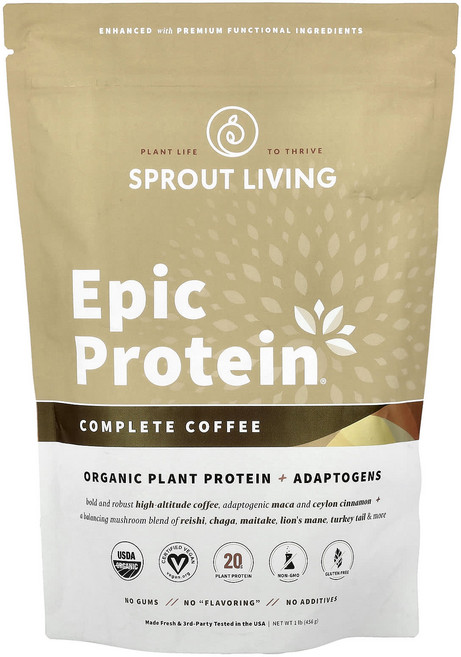 아무거나드시면안되고 Sprout Living Epic Protein® 유기농 식물 단백질 + 아답토젠 컴플리트 커피 456g(1lb) 품격있는상품선택하세요, SproutLivingEpicProtein유기농식물단백, 456g, 1개