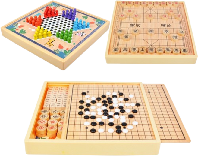 兒童益智多合一遊戲棋組 跳棋 五子棋 象棋 三合一 桌遊 附收納抽屜 厚實棋盤, 1個, 三合一（跳棋＋五子棋＋象棋）