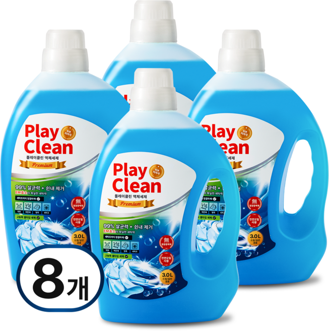플레이클린 알칼리 액체세제 대용량 고농축 찌든때 쉰냄새 땀냄새 얼룩제거 세탁세제, 8개, 3L