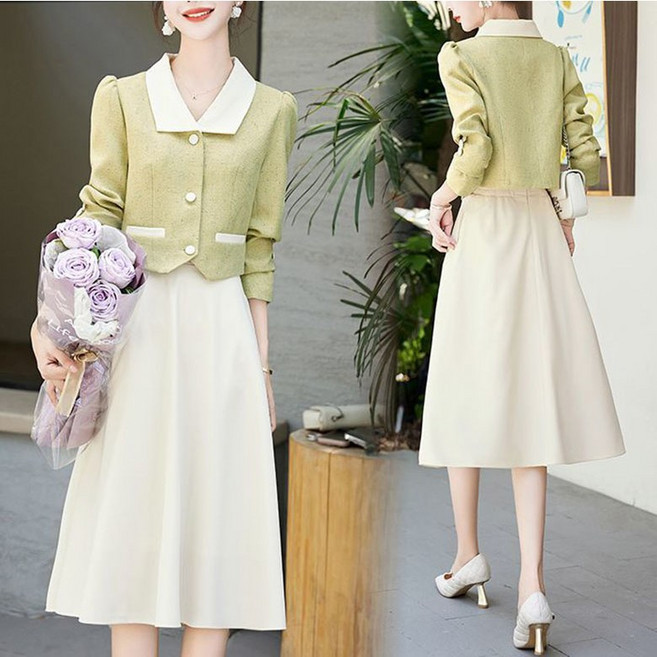 FANSYLI 여성 스커트 세트 결혼식 하객룩 숏 캐주얼 자켓 하이웨스트 A라인 스커트 투피스 오피스룩 봄 여름 가을 빅사이즈 통근 세트 XR2601J29