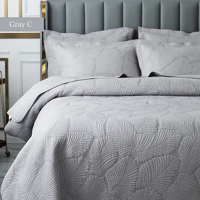 Nikooo 새로운 고급 회색면 침대 침대 퀼트 세트3pcs커버 렛 솔리드 자수 침대 덮개 베개 킹 퀸 사이즈 여름 담요