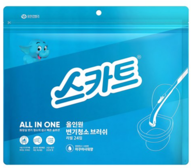 스카트 올인원 변기 청소 브러쉬 아쿠아 샤워 리필 24p, 색상 단일, 3개