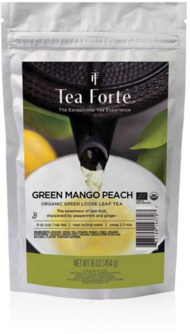 Tea Forte 티 포르테 그린 망고 피치 루스 벌크 1 파운드 파우치 유기농 녹차 160-170 컵 분량 미국 티백, 1개