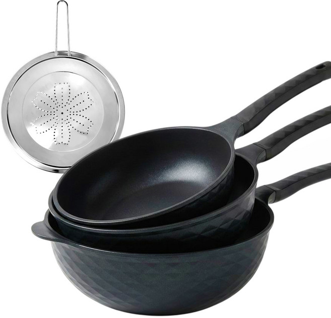 DAMDA 퀸센스 오뜨 IH 티타늄 궁중팬 세트 중국요리 튀김팬, 1세트, 3종+덮개, 그린