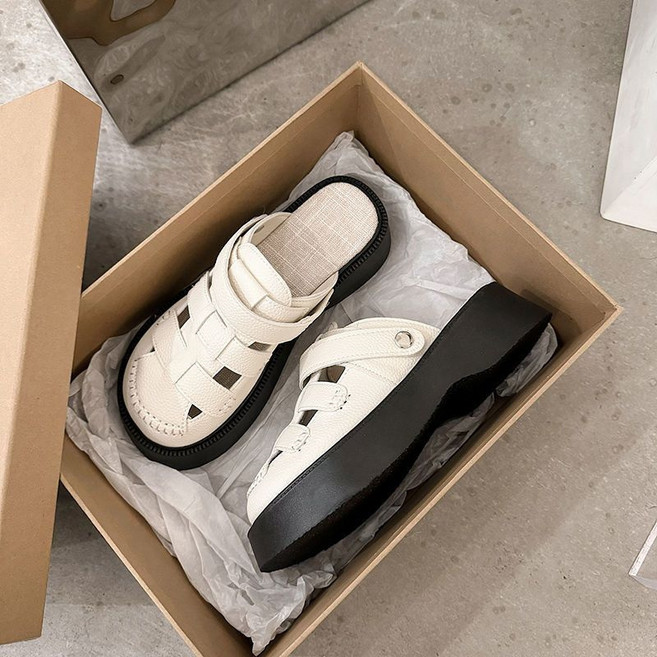 AOKADA 여성 여름 투웨이 샌들 뮬 슬리퍼 펀칭 스트랩 통굽 키높이 라운드토 캐주얼 데일리 슈즈