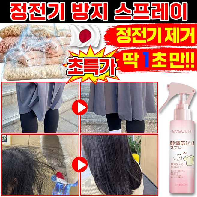 [일본기술] 정전기 방지 스프레이 섬유 옷 무향 탈취제 의류 손 헤어 침구 이불 패딩 정전기 방지제 미스트 용품 집들이 선물 포장증정, 1개, 200ml