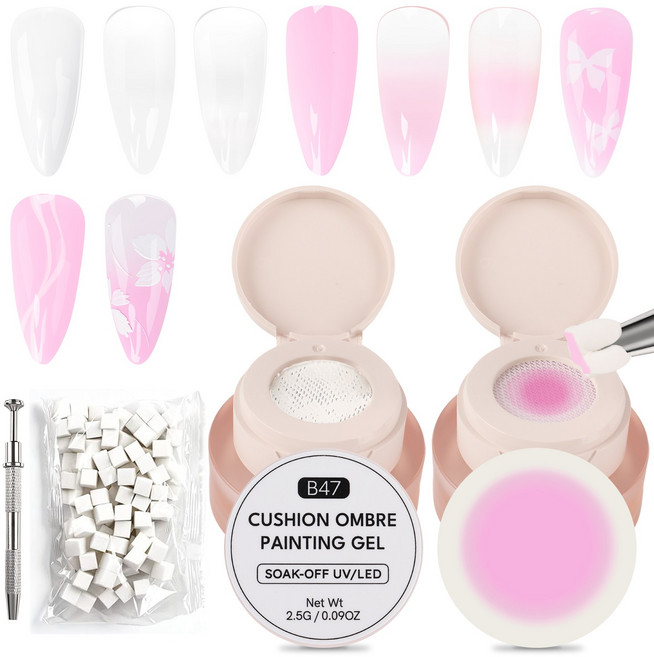 2색 쿠션 패팅 젤 키트 | UV LED 오라 젤 네일 아트 세트 (픽업 펜+100스펀지), 1개, 2.5g, 화이트 + 핑크+두부 스펀지 100개 + 네일 집게