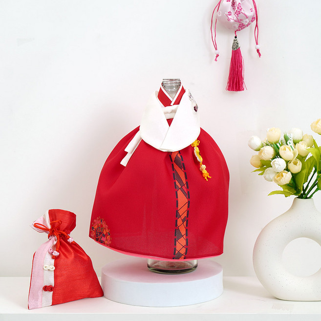 인테리어 소품 외국인선물 전통 남녀 한복 미니어처 신랑 신부 오브제 와인커버, 스티치, -미색