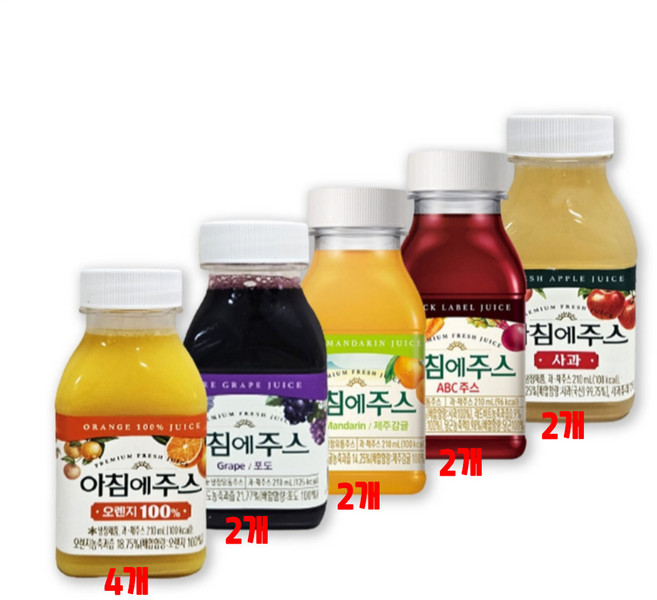 서울우유 아침에주스 오4 포2 감귤2 사2 ABC 2 210ml 총12개, 12개