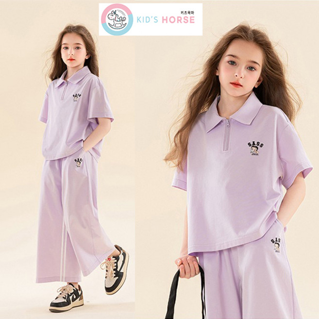 키즈목마 2025 봄여름 여아 반팔+바지 상하복 초등학생 반팔+밴딩바지 세트 주니어 봄여름 상하복 577