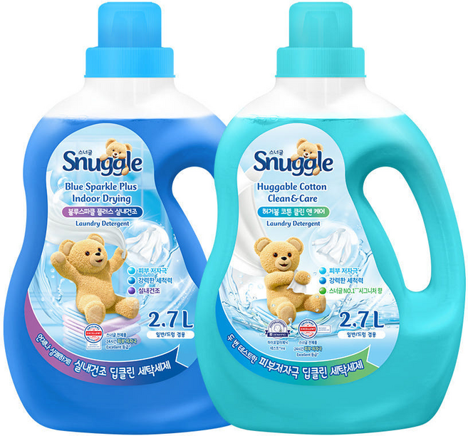 스너글 딥클린 액체세제 일반 드럼 겸용 블루스파클 플러스 실내건조 2.7L + 허거블 코튼 클린앤케어 2.7L