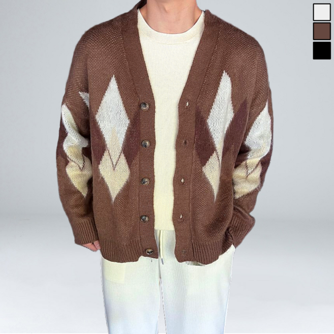 이황에프엔씨 남자 모헤어 아가일 니트 가디건 (6370-1)