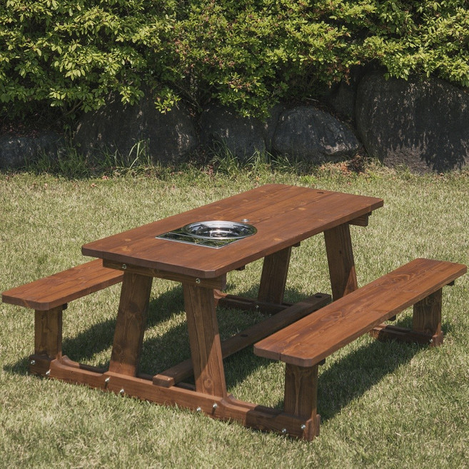 엉클트리 100% 통원목 로스타 일체형 야외 테이블 (발걸림 없는 개방형), 6~8인용 개방형 (양쪽평벤치) 로스타일체형, 월넛색(2회도색)