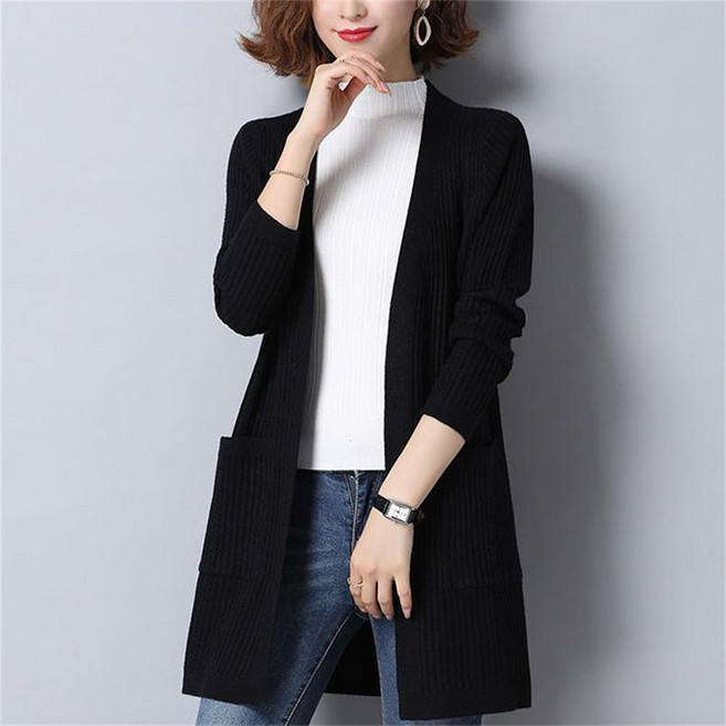 TKX 롱가디건 여성 니트 심플 디자인 포켓 있는 긴팔 오픈 프론트 가을 겨울 K51