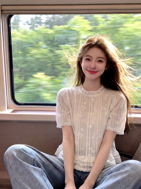 法式蕾絲拼接花朵刺繡短袖襯衫女夏季襯衣