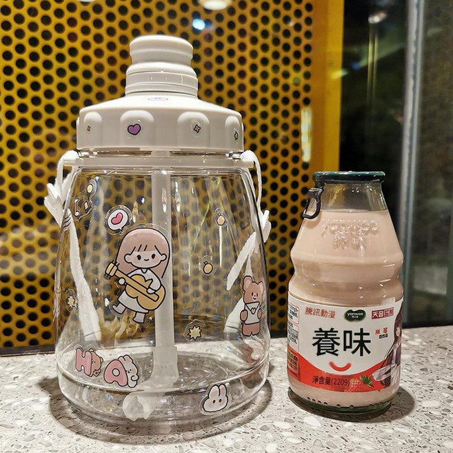大容量可愛吸管水杯, 白色 隨機貼紙, 1套, 1300L