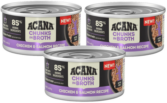 아카나 청크 인 브로스 키튼 치킨 연어 레시피 습식 사료 85% 동물성 원료, 3개, 85g, 닭+연어