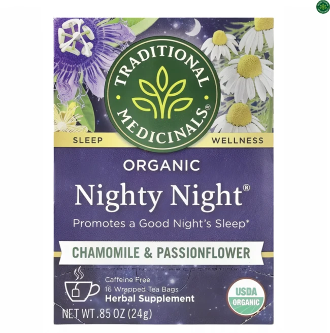 트레디셔널메디시널스 유기농 나이티 나이트 카모마일 & 시계꽃 허브 티백 카페인 무함유 USDA인증, 24g, 1개, 16개입 - 쿠팡