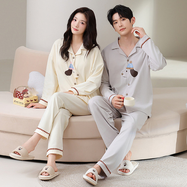 ANYOU 커플 파자마 세트 부드러운 긴팔 잠옷 선물 홈웨어